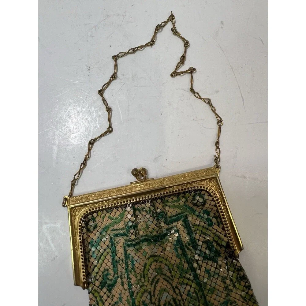 Antique Art Deco 1920's Whiting & Davis Enameled Mesh Flapper Purse Green Gold